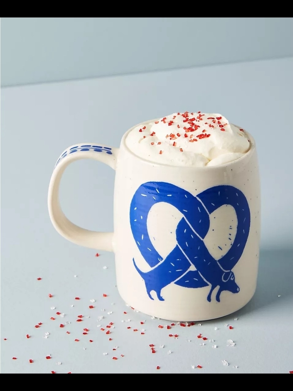 Anthropologie SowiesoWies White Mug with Blue Pretzel-Dog Motif